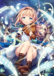 Rule 34 | 1girl, akkijin, blonde hair, blue eyes, blue ribbon, boots, bow (music), dress, instrument, looking at viewer, music, musical note, night, night sky, official art, outdoors, playing instrument, ribbon, shinkai no valkyrie, sky, smile, solo, star (sky), star (symbol), starry sky, violin, white dress