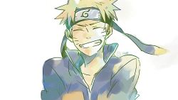 Rule 34 | 1boy, blonde hair, closed eyes, facial mark, forehead protector, genpai39, grin, headband, jacket, jumpsuit, male focus, multicolored clothes, multicolored jacket, naruto (series), popped collar, short hair, smile, solo, spiked hair, teeth, upper body, uzumaki naruto, whisker markings, white background