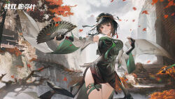 Rule 34 | 1girl, artist request, black hair, china dress, chinese clothes, cloud, cloudy sky, dancer, dancing, dress, folding fan, hair bun, hand fan, hanying: zitherwoe (punishing: gray raven), hanying (punishing: gray raven), highres, holding, holding fan, leaf, long sleeves, looking at viewer, maple leaf, mechanical parts, nail polish, official art, punishing: gray raven, railing, red eyes, sky, smile, stairs, tassel, tree, water, waterfall, wind