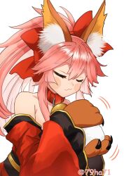 Rule 34 | 1girl, :3, animal ear fluff, animal ears, animal hands, bare shoulders, bell, blush stickers, bow, cat paws, closed eyes, closed mouth, collar, collarbone, detached sleeves, fate/grand order, fate (series), food, fox ears, fox girl, fox tail, gloves, hair ribbon, japanese clothes, jingle bell, kimono, nakinishimoarazu, neck bell, onigiri, paw gloves, pink hair, ponytail, red bow, red kimono, red ribbon, ribbon, simple background, solo, tail, tamamo (fate), tamamo cat (fate), tamamo cat (first ascension) (fate), white background