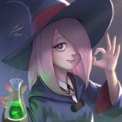 Rule 34 | 1girl, arms up, artist name, black ribbon, chromatic aberration, closed mouth, collared shirt, commentary, dress, fingernails, hair over one eye, hat, holding, hooded dress, light purple hair, little witch academia, long hair, long sleeves, looking at viewer, neck ribbon, ok sign, potion, purple dress, purple eyes, purple hat, ribbon, shirt, signature, smile, solo, sucy manbavaran, watermark, web address, white shirt, witch hat, zienu