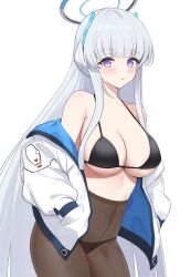 Rule 34 | 1girl, absurdres, black bra, black pantyhose, blue archive, boneseing, bra, breasts, cleavage, cowboy shot, grey hair, halo, highres, jacket, large breasts, long hair, long sleeves, looking at viewer, mechanical halo, noa (blue archive), open clothes, open jacket, pantyhose, purple eyes, simple background, solo, two-sided fabric, two-sided jacket, underwear, white background, white jacket