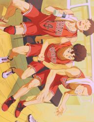 Rule 34 | 3boys, angry, ball, basketball (object), basketball jersey, bench, bishounen, black eyes, black wristband, bottle, brown eyes, brown hair, buzz cut, clenched hand, highres, holding, holding ball, holding bottle, indoors, knee brace, male focus, mitsui hisashi, miyagi ryouta, multiple boys, open mouth, red hair, red shorts, red tank top, red wristband, sakuragi hanamichi, sebin 13, shoes, short hair, shorts, sitting, slam dunk (series), sneakers, sweat, tank top, toned, toned male, towel, towel on head, undercut, very short hair, water bottle, wavy hair, white towel