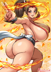 Rule 34 | 1girl, absurdres, artist name, ass, bare shoulders, breasts, brown eyes, brown hair, cowboy shot, fatal fury, female focus, fire, from behind, highres, huge ass, huge breasts, long hair, matching hair/eyes, orange background, ponytail, revealing clothes, shiranui mai, sideboob, solo, the king of fighters, thong, tonshirou (christar), wrist guards