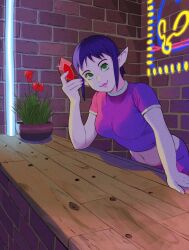 Rule 34 | 1girl, bombchu bowling alley operator, breasts, brick wall, commentary, counter, crop top, flower, gem, giganticbuddha, green eyes, highres, holding, holding gem, lipstick, makeup, medium breasts, midriff, navel, nintendo, pink lips, plant, pointy ears, potted plant, purple hair, purple shirt, rupee (zelda), shirt, short hair, smile, solo, the legend of zelda, the legend of zelda: ocarina of time, upper body