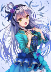 Rule 34 | 1girl, :o, aqua bow, aqua jacket, bang dream!, black choker, black feathers, black ribbon, blue feathers, blue flower, blue rose, bow, choker, commentary request, corsage, cropped jacket, cross-laced clothes, crown, dress, feather hair ornament, feathers, flower, hair flower, hair ornament, hair ribbon, hairband, hands on own chest, highres, jacket, jewelry, kuronosu (yamada1230), long hair, looking at viewer, minato yukina, necklace, purple flower, purple rose, ribbon, rose, silver hair, solo, yellow eyes