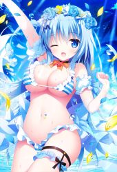 Rule 34 | 1girl, ;d, arm garter, arm up, bare shoulders, bikini, black choker, blue eyes, blue flower, blue hair, blue theme, bow, bowtie, breasts, choker, cleavage, cowboy shot, emori miku, flower, frilled bikini, frills, hair flower, hair ornament, hand up, head wreath, highres, large breasts, liver city, long hair, looking at viewer, navel, one eye closed, open mouth, rose, shiromochi sakura, smile, solo, stomach, striped bikini, striped clothes, swimsuit, thigh strap