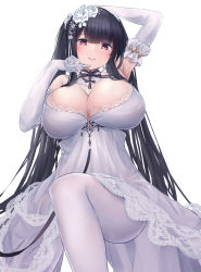 Rule 34 | 1girl, absurdres, arm up, armpits, azur lane, black hair, blush, breasts, bridal gauntlets, cleavage, dress, duplicate, flower, hair flower, hair ornament, highres, large breasts, long hair, looking at viewer, official alternate costume, pantyhose, peter strasser (a moment frozen in pure white) (azur lane), peter strasser (azur lane), pixel-perfect duplicate, red eyes, seductive smile, smile, solo, wedding dress, white dress, white pantyhose, yuuki shuri
