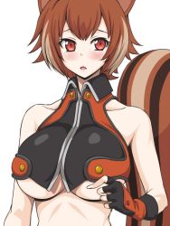Rule 34 | 1girl, animal ears, arc system works, bare shoulders, blazblue, blazblue: continuum shift, blush, breasts, brown hair, fingerless gloves, gloves, huge breasts, inu1tou, makoto nanaya, red eyes, short hair, simple background, solo, squirrel ears, squirrel tail, tail, underboob, white background