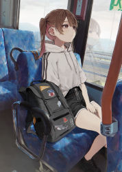 Rule 34 | 1girl, absurdres, backpack, bag, black footwear, black shorts, blush, brown eyes, brown hair, bus, bus interior, chair, closed mouth, daluto (hitomi555), expressionless, highres, hood, hoodie, long hair, motor vehicle, original, shoes, short sleeves, shorts, sitting, sneakers, solo, thighs, twintails, white hoodie, window