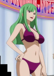 Rule 34 | 1girl, bikini, bisca mulan, breasts, cleavage, fairy tail, green hair, large breasts, lipstick, long hair, makeup, navel, nude filter request, purple bikini, screencap, solo, stitched, swimsuit, tagme, third-party edit