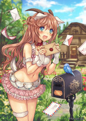 Rule 34 | 1girl, animal ears, bare shoulders, bell, bird, blue eyes, blush, braid, brown hair, cloud, collar, company name, day, door, drooling, fingerless gloves, flower, frilled skirt, frills, gloves, holding, horns, house, leaning forward, letter, long hair, madogawa, mailbox, meadow, midriff, navel, neck bell, official art, open mouth, original, saliva, shinkai no valkyrie, sidelocks, skirt, sky, solo, stairs, tail, tree