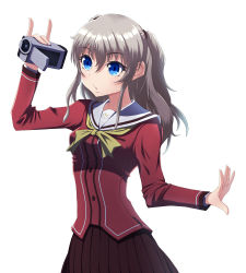 Rule 34 | 10s, 1girl, barsee, blue eyes, camcorder, charlotte (anime), long hair, school uniform, serafuku, silver hair, simple background, solo, tomori nao, twintails, two side up, video camera