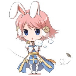 Rule 34 | 1girl, animal ears, arch bishop (ragnarok online), black footwear, blue dress, blue eyes, blush, breath, chibi, commentary request, cross, dress, earmuffs, fake animal ears, fake horns, fishnet thighhighs, fishnets, full body, hairband, horns, juliet sleeves, leaf, long sleeves, looking at viewer, natsuya (kuttuki), open mouth, pink hair, puffy sleeves, rabbit ears, ragnarok online, sash, sheep horns, shoes, short hair, simple background, solo, thighhighs, two-tone dress, white background, white dress, white hairband, white thighhighs, wind, yellow sash
