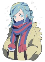 Rule 34 | 1boy, aqua eyes, aqua hair, closed mouth, creatures (company), cropped torso, game freak, grusha (pokemon), hands in pockets, highres, jacket, kabe sakana, long hair, looking at viewer, male focus, nintendo, pokemon, pokemon sv, scarf, simple background, sketch, solo, two-tone scarf, upper body, white background, yellow jacket