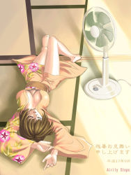 Rule 34 | 1girl, arms up, barefoot, breasts, breasts apart, brown hair, electric fan, closed eyes, floral print, indoors, japanese clothes, kimono, knee up, large breasts, lying, maachin, no bra, on back, on floor, open clothes, open kimono, open mouth, sleeping, solo, tatami, unconscious, yellow kimono, yukata, zanshomimai