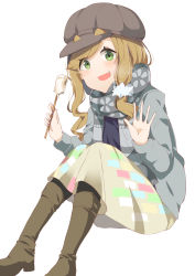 Rule 34 | 10s, 1girl, :d, blush, brown hair, eyebrows, eyebrows visible through hat, fang, full body, green eyes, hat, highres, inuyama aoi, long hair, looking at viewer, open mouth, ponytail, scarf, simple background, sitting, skin fang, smile, solo, swept bangs, thick eyebrows, waving, white background, yunekoko, yurucamp