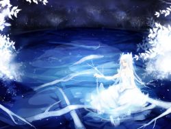 Rule 34 | 1girl, bare shoulders, blue theme, dress, original, partially submerged, plant, solo, tree, water, white hair, winter, yuukichi