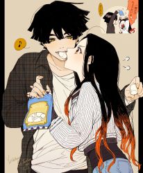 Rule 34 | 1boy, 1girl, agatsuma touko, agatsuma yoshiteru, annoyed, black hair, brother and sister, denim, eyebrows, eyelashes, fingernails, food, food in mouth, forehead, garlic potato6, hair between eyes, happy, height difference, highres, imminent kiss, incest, japanese text, jeans, kimetsu no yaiba, long hair, long sleeves, marshmallow, multicolored hair, musical note, open mouth, orange hair, pants, pink eyes, plaid, plaid shirt, sharing food, shirt, short hair, siblings, sleeves past elbows, speech bubble, striped clothes, striped sweater, sweater, teeth, tongue, two-tone hair, white shirt, yellow eyes