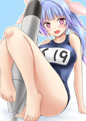 Rule 34 | 10s, 1girl, :d, arm support, bare legs, barefoot, between legs, blue eyes, blush, breasts, fang, feet, fuuma nagi, gradient hair, i-19 (kancolle), kantai collection, large breasts, long hair, looking at viewer, multicolored hair, one-piece swimsuit, open mouth, purple hair, school swimsuit, sitting, smile, solo, star-shaped pupils, star (symbol), swimsuit, symbol-shaped pupils, toes, torpedo