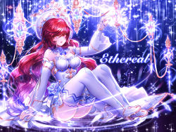 Rule 34 | 1girl, absurdres, blue nails, boots, breasts, breasts apart, choker, cleavage, detached sleeves, elesis (elsword), elsword, full body, hair between eyes, highres, long hair, long sleeves, medium breasts, nail polish, open mouth, panties, red eyes, red hair, rourou (been), sitting, solo, sparkle, swept bangs, thigh boots, thighhighs, underwear, very long hair, white footwear, white panties, white sleeves