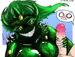 Rule 34 | absurdres, breasts, claws, cpt.tester works, dominatrix, gem, green hair, handjob, highres, jewelry, leech (cpt.tester), long eyelashes, looking at another, monster girl, nervous, penis, precum, scared, sitting, sitting on person, slime girl, smile, spikes, teeth, yellow eyes