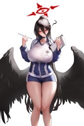 Rule 34 | 1girl, ?, absurdres, black bra, black choker, black hair, black wings, blue archive, blue jacket, blue shorts, bra, bra visible through clothes, breasts, choker, clipboard, feathered wings, gym shirt, gym shorts, gym uniform, halo, hasumi (blue archive), hasumi (track) (blue archive), highres, holding, holding clipboard, holding pencil, huge breasts, jacket, knees together feet apart, large wings, long bangs, long hair, looking at viewer, low wings, official alternate costume, pencil, ponytail, red eyes, red halo, shirt, short shorts, shorts, standing, track jacket, underwear, white background, windovvs, wings