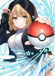 Rule 34 | 1girl, absurdres, black jacket, blonde hair, blue sailor collar, blush, breasts, closed mouth, commentary request, green eyes, highres, holding, holding poke ball, hood, hood up, hooded jacket, hoshimiya aki, jacket, long sleeves, looking at viewer, medium breasts, official art, open clothes, open jacket, original, outstretched arm, pleated skirt, poke ball, poke ball (basic), sailor collar, school uniform, serafuku, shirt, skirt, sleeves past wrists, smile, solo, star (symbol), white shirt, white skirt