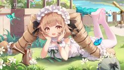 Rule 34 | 1girl, :d, black bow, bow, brown hair, bug, butterfly, character request, dress, drill hair, fang, feet, flower, grass, hair bow, hair ornament, hairband, hehehzb, highres, insect, legs up, long hair, looking at viewer, lying, no shoes, official art, on stomach, open mouth, pantyhose, resolution mismatch, smile, soles, solo, soul tide, source smaller, the pose, toes, twin drills, white dress, white pantyhose