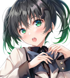 Rule 34 | 1girl, :o, black hair, blush, commentary request, fortissimo, future parade (love live!), gradient hair, green eyes, green hair, hair ornament, looking at viewer, love live!, love live! nijigasaki high school idol club, medium hair, multicolored hair, musical note, musical note hair ornament, solo, takasaki yu, tomo wakui, two side up, upper body, white background