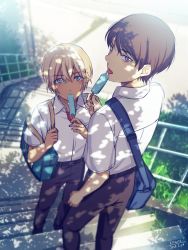 Rule 34 | 2boys, aged down, amuro tooru, belt, black belt, black pants, blonde hair, blue eyes, blurry, blush, briefcase, brown hair, collared shirt, commentary request, dappled sunlight, dated, day, depth of field, food, hair between eyes, highres, holding, holding food, holding strap, hot, kouno kb, licking, looking at viewer, looking back, male focus, meitantei conan, multiple boys, outdoors, pants, plant, popsicle, purple eyes, school briefcase, school uniform, scotch (meitantei conan), shadow, shirt, shirt tucked in, short hair, signature, stairs, standing, sunlight, sweat, tongue, tongue out, undershirt, white shirt