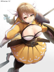 Rule 34 | 1girl, breasts, brown hair, cleavage cutout, closed mouth, clothing cutout, commentary request, corset, fire emblem, fire emblem engage, goldmary (fire emblem), holding, holding polearm, holding shield, holding weapon, large breasts, mole, nintendo, polearm, shield, skirt, solo, weapon, yellow skirt, yotastar