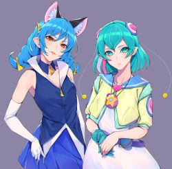 Rule 34 | 2girls, :p, animal ears, aqua eyes, aqua gloves, aqua hair, bare shoulders, belt, blue hair, breasts, cat ears, detached collar, dress, gloves, hagoromo lala, hair ornament, jewelry, long hair, looking at viewer, multiple girls, necklace, orange eyes, parted lips, pleated skirt, pointy ears, precure, purple background, simple background, single glove, skirt, sleeveless, small breasts, smile, star twinkle precure, sugarbeat, tongue, tongue out, white gloves, yuni (precure)