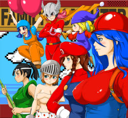 Rule 34 | 6+girls, arthur, balloon, balloon fight, balloon fighter, bamboo, black hair, blonde hair, blue hair, blush, bomb jack, braid, breasts, brown hair, capcom, clothes, covering privates, covering breasts, crossed arms, crossover, famicom, female focus, game console, gender request, genderswap, gloves, hat, headband, helmet, huge breasts, large breasts, makaimura, mario, mario (series), mighty bomb jack, milon, milon&#039;s secret castle, multiple girls, nintendo, orange hair, overalls, ponytail, super mario bros. 1, wrecking crew