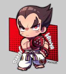 Rule 34 | 1boy, belt, black eyes, character name, clenched hand, closed mouth, copyright name, fingernails, frown, full body, gloves, hand on own hip, kotorai, looking at viewer, male focus, mishima kazuya, no nose, pants, purple belt, red eyes, red gloves, scar, scar on arm, signature, standing, studded gloves, tekken, thick eyebrows, topless male, v-shaped eyebrows, white pants