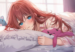 Rule 34 | 1girl, bed sheet, blanket, blue eyes, blush, bottle, clothes writing, copyright request, digital thermometer, fever, frilled bunny, indoors, long hair, long sleeves, looking at viewer, lying, on bed, on stomach, pajamas, parted lips, pillow, red hair, solo, stuffed animal, stuffed rabbit, stuffed toy, thermometer, under covers, water bottle, window, zattape