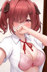 Rule 34 | 1girl, black ribbon, blush, bra, breasts, cleavage, collared shirt, covering own mouth, eyes visible through hair, hair ornament, hair over one eye, hair ribbon, hairclip, karutamo, kurihara azuki, large breasts, looking at viewer, neck ribbon, open clothes, open shirt, original, pink bra, pink eyes, red hair, red ribbon, ribbon, selfie, shirt, short sleeves, solo, twintails, underwear, upper body, white shirt