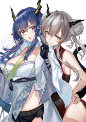 Rule 34 | 3girls, alternate costume, alternate hairstyle, arknights, bare shoulders, between breasts, black dress, black gloves, black shorts, blue hair, blush, breasts, china dress, chinese clothes, cleavage, coat, cosplay, cowboy shot, detached collar, double bun, dragon girl, dragon horns, dragon tail, dress, elbow gloves, gloves, hair bun, hand on own hip, highres, horns, jewelry, large breasts, ling (arknights), ling (arknights) (cosplay), long sleeves, multicolored hair, multiple girls, necktie, necktie between breasts, open clothes, open coat, open mouth, parted lips, pelvic curtain, pointy ears, red hair, short shorts, shorts, siblings, sidelocks, silver hair, simple background, sisters, sleeveless, sleeveless dress, srpzk, streaked hair, swire (arknights), tail, talulah (arknights), two-tone hair, underbust, white background, white coat, wide sleeves, yellow necktie