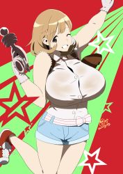 Rule 34 | 10s, 1girl, arm up, artist name, bad id, bad pixiv id, bare shoulders, breasts, brown eyes, brown hair, dated, denim, energy gun, gloves, grin, hair ornament, hairclip, highres, huge breasts, k.ty (amejin), leg lift, narusawa ryouka, occultic;nine, one eye closed, ray gun, shoes, short hair, short shorts, shorts, signature, smile, sneakers, solo, thighs, weapon, white gloves