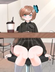 Rule 34 | 1girl, absurdres, black dress, blue eyes, blush, brown hair, cafe, chair, coffee cup, cup, dallim, disposable cup, dress, girls&#039; frontline, highres, hp-35 (girls&#039; frontline), sitting, socks