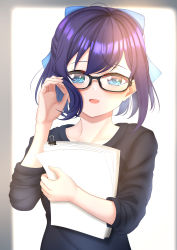 Rule 34 | 1girl, a-chan (hololive), absurdres, binder clip, black-framed eyewear, black shirt, blue bow, blue eyes, blue hair, blush, bow, commentary request, glasses, hair bow, highres, holding, holding paper, hololive, long sleeves, looking at viewer, open mouth, paper, shirt, short hair, solo, t-shirt, upper body, virtual youtuber, yoshiki 3821