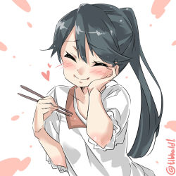 Rule 34 | 10s, 1girl, bad id, bad twitter id, black hair, blush, chopsticks, closed eyes, closed mouth, collarbone, ebifurya, eyebrows, hair between eyes, hand on own cheek, hand on own face, hand up, heart, highres, holding, houshou (kancolle), inactive account, kantai collection, long hair, ponytail, simple background, smile, solo, twitter username, upper body, white background