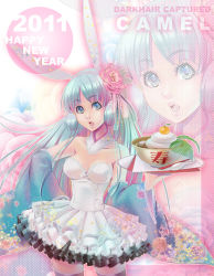 Rule 34 | 10s, 1girl, 2011, animal ears, bad id, bad pixiv id, bare shoulders, blue eyes, blue hair, breasts, choumoku (toriko b c), detached sleeves, dress, eyelashes, female focus, flower, food, frilled dress, frills, gradient background, hair flower, hair ornament, hand on own hip, hime cut, hip focus, lips, long hair, matching hair/eyes, new year, open mouth, rabbit ears, short dress, solo, tablet, thighhighs, wide sleeves, zettai ryouiki, zoom layer