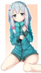 Rule 34 | 10s, 1girl, bare legs, blue eyes, bow, commentary request, eromanga sensei, green jacket, hair bow, hands up, highres, holding, holding pen, izumi sagiri, jacket, long hair, long sleeves, looking at viewer, no panties, no pants, pen, pink bow, pocket, shimo (shimo 00), shiny skin, sidelocks, silver hair, sitting, smile, solo, stylus, wariza, white background, zipper pull tab
