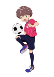 Rule 34 | 1boy, amanokawa hiro, archived source, ball, black shorts, black socks, blue footwear, brown hair, cerezo osaka, cleats, clenched hand, clothes writing, diagonal-striped shirt, digimon, digimon ghost game, green eyes, highres, kneehighs, leg up, looking at viewer, multicolored footwear, official art, open mouth, pink shirt, print footwear, purple footwear, scar, scar on ear, shirt, shorts, simple background, smile, soccer ball, soccer uniform, socks, solo, sportswear, star (symbol), star print, tongue, transparent background, white footwear
