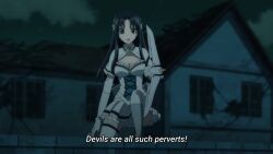 Rule 34 | 2girls, animated, anime screenshot, black hair, blonde hair, blue bra, blue eyes, blue panties, blush, bra, breasts, cape, cleavage, clothes pull, collarbone, covering privates, covering breasts, demon, dress, elbow gloves, embarrassed, frilled skirt, frills, gloves, green eyes, groin, highres, holding, holding sword, holding weapon, large breasts, long hair, marguerite farom, milly yunis, mole, mole under eye, multiple girls, navel, open mouth, outdoors, panties, red cape, side ponytail, skirt, skirt pull, sound, stomach, strapless, subtitled, sword, tagme, teeth, thighhighs, thighs, torn clothes, underwear, undressing, video, weapon, white dress, white gloves, white panties, white skirt, white thighhighs, yuusha ga shinda!