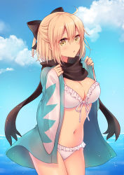 Rule 34 | 1girl, :o, ahoge, bikini, black bow, black scarf, blue sky, blush, bow, breasts, cleavage, cloud, commentary request, cowboy shot, day, fate/grand order, fate (series), fingernails, frilled bikini, frills, front-tie bikini top, front-tie top, hair between eyes, hair bow, haori, horizon, japanese clothes, koha-ace, large breasts, light brown hair, long sleeves, looking at viewer, mole, mole under eye, navel, ocean, okita souji (fate), okita souji (koha-ace), outdoors, parted lips, sato ame, scarf, sky, sleeves past wrists, solo, standing, swimsuit, water, white bikini, wide sleeves, yellow eyes
