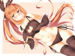 Rule 34 | 10s, 1girl, 3:, bangle, black bra, black gloves, black panties, black thighhighs, blush, bra, bracelet, breasts, brown hair, cat cutout, cat cutout panties, clarisse (granblue fantasy), cleavage, cleavage cutout, clothing cutout, dutch angle, embarrassed, frill trim, frills, frown, gloves, gluteal fold, granblue fantasy, green eyes, jewelry, long hair, medium breasts, meme attire, navel, panties, ponytail, shiren (monochrome structure), side-tie panties, solo, sweatdrop, thighhighs, underwear, very long hair