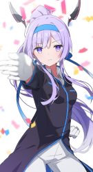 Rule 34 | 1girl, black coat, blue archive, blue hairband, blurry, clenched hand, closed mouth, coat, collared shirt, confetti, depth of field, gloves, hairband, halo, highres, long sleeves, looking at viewer, mochigome (ununquadium), ouendan, pants, ponytail, purple eyes, purple hair, serious, shirt, simple background, solo, utaha (blue archive), utaha (cheer squad) (blue archive), white background, white gloves, white pants