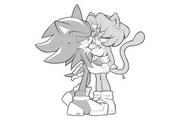Rule 34 | 1boy, 1girl, absurdres, animal ears, animal nose, artist name, bare shoulders, body fur, boots, breasts, breath, cat ears, cat girl, cat tail, character request, collared dress, dress, eye contact, full body, furry, furry female, furry male, furry with furry, greyscale, hair intakes, half-closed eyes, halftone, hand on another&#039;s arm, headband, heel up, hetero, highres, interspecies, legs, legs together, long hair, looking at another, medium breasts, monochrome, multicolored hair, rockthebull, shadow the hedgehog, shoes, short dress, short hair, sidelocks, signature, simple background, sketch, sleeveless, sleeveless dress, socks, sonic (series), spiked hair, standing, streaked hair, sweat, tail, tail grab, tail raised, white background
